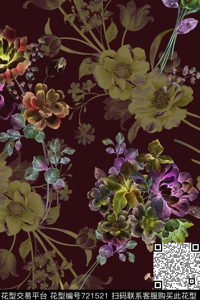 复古手绘植物数码印花华亿平台下载（图片编号: 721521） - 瓦栏（Walan）