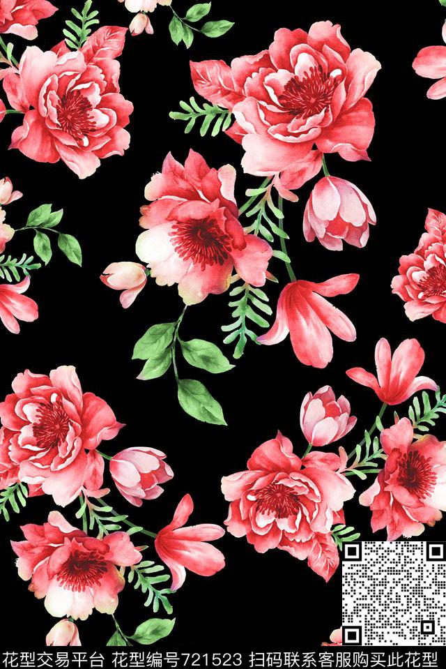 经典手绘牡丹数码印花华亿平台下载（图片编号: 721523） - 瓦栏（Walan）