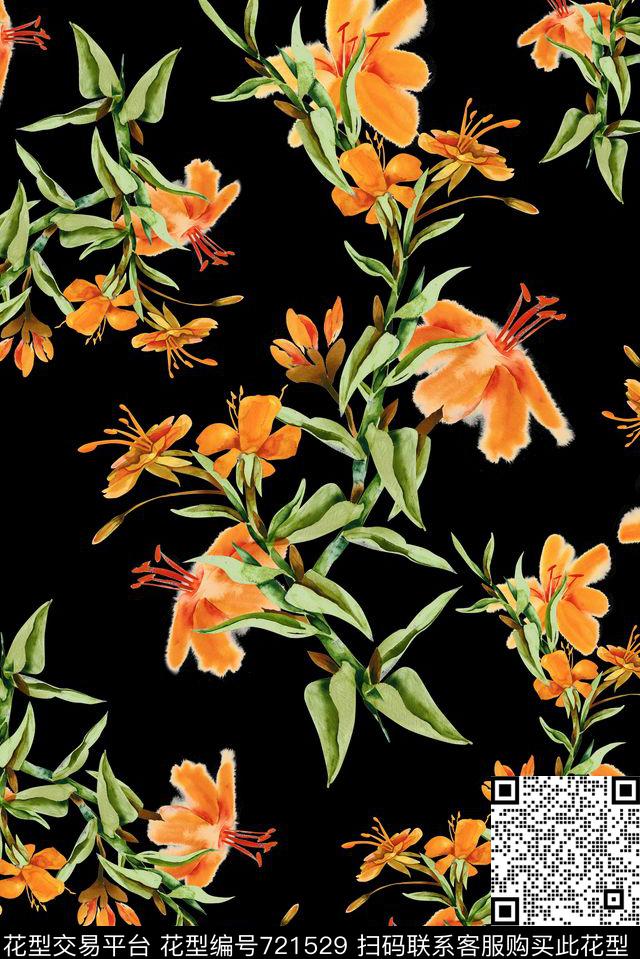 手绘复古花卉数码印花华亿平台下载（图片编号: 721529） - 瓦栏（Walan）