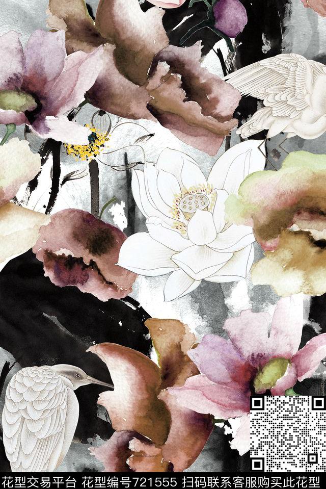 手绘写意中国风数码印花华亿平台下载（图片编号: 721555） - 瓦栏（Walan）