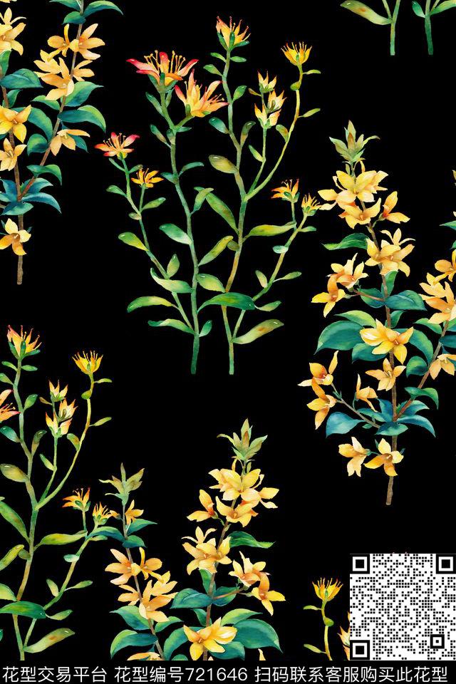 水彩花卉树叶数码印花华亿平台下载（图片编号: 721646） - 瓦栏（Walan）