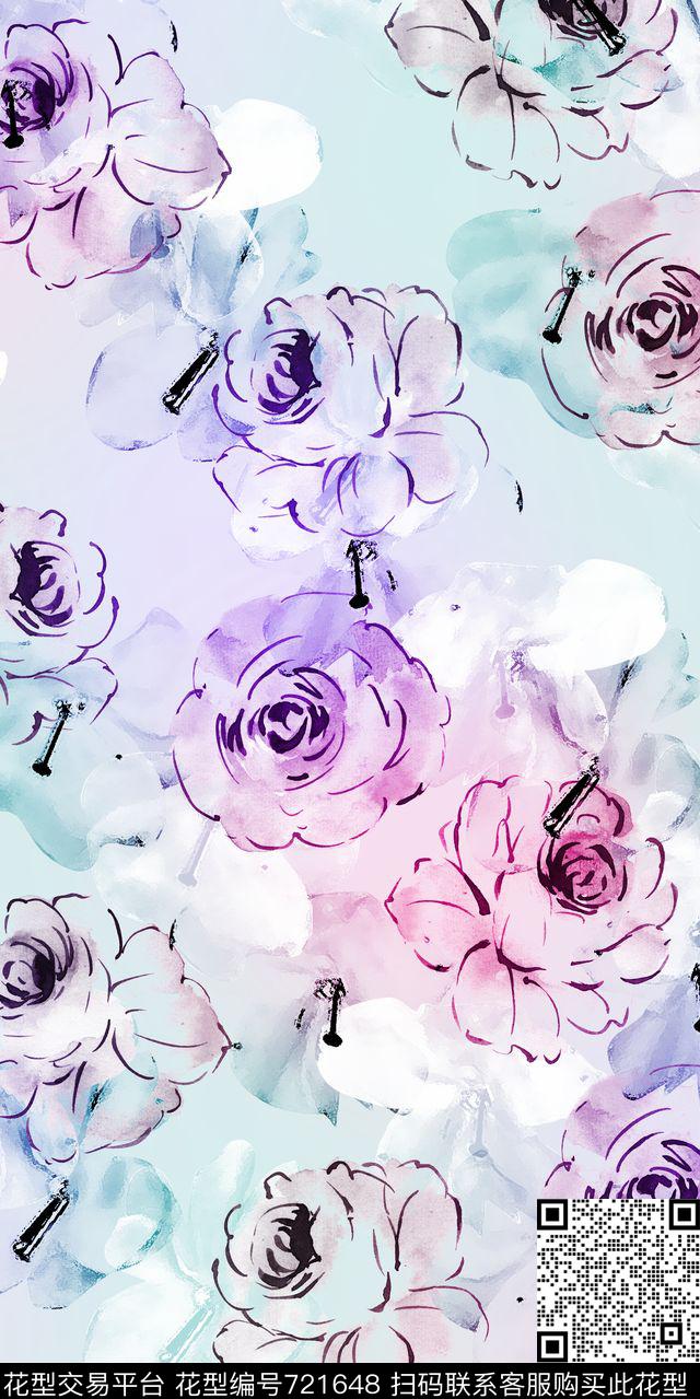 大花玫瑰花朵数码印花华亿平台下载（图片编号: 721648） - 瓦栏（Walan）