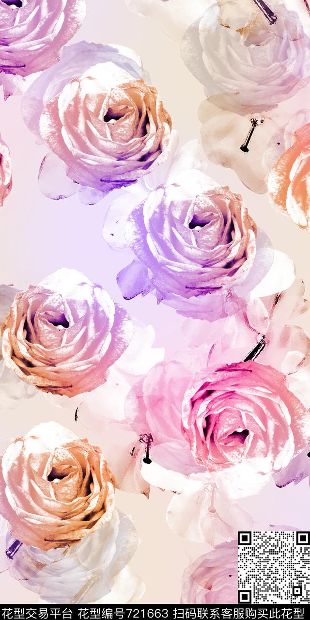 大花玫瑰花卉数码印花华亿平台下载（图片编号: 721663） - 瓦栏（Walan）