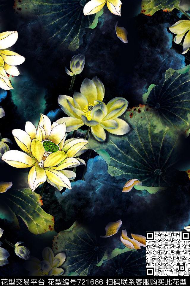 花卉工笔荷花水彩数码印花华亿平台下载（图片编号: 721666） - 瓦栏（Walan）