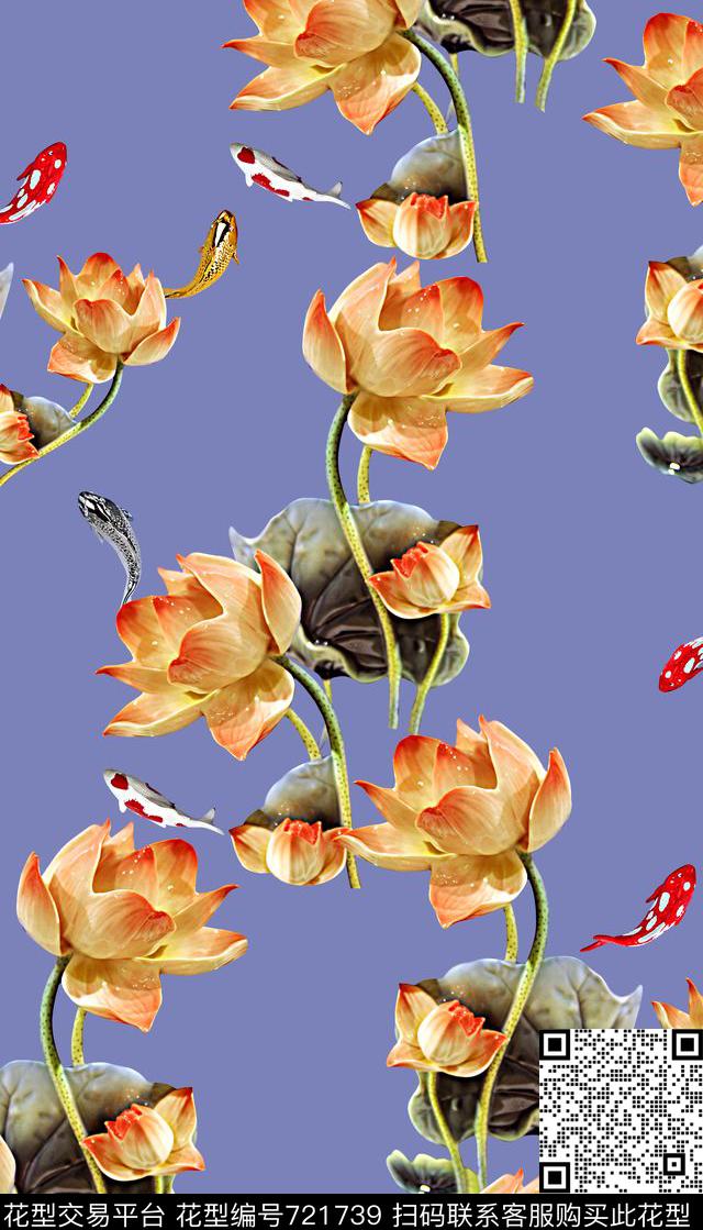 抽象3D植物荷花数码印花时尚了女装裙子印花清爽动物鱼印花数码印花华亿平台下载（图片编号: 721739） - 瓦栏（Walan）