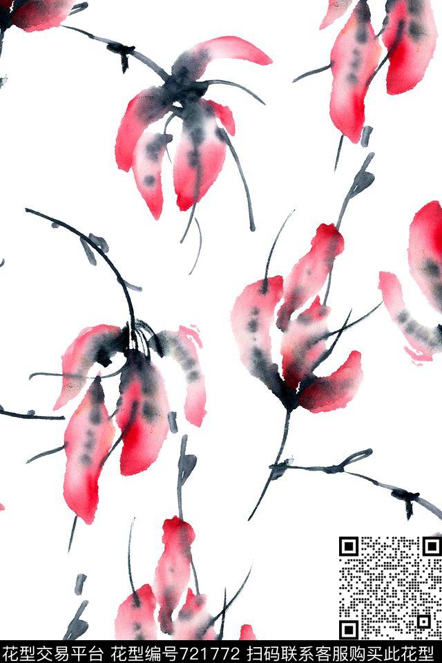 手绘水墨花卉数码印花华亿平台下载（图片编号: 721772） - 瓦栏（Walan）