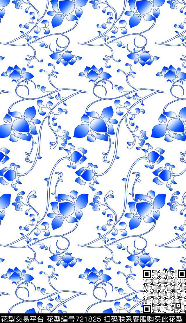 花青瓷花中国风传统印花华亿平台下载（图片编号: 721825） - 瓦栏（Walan）