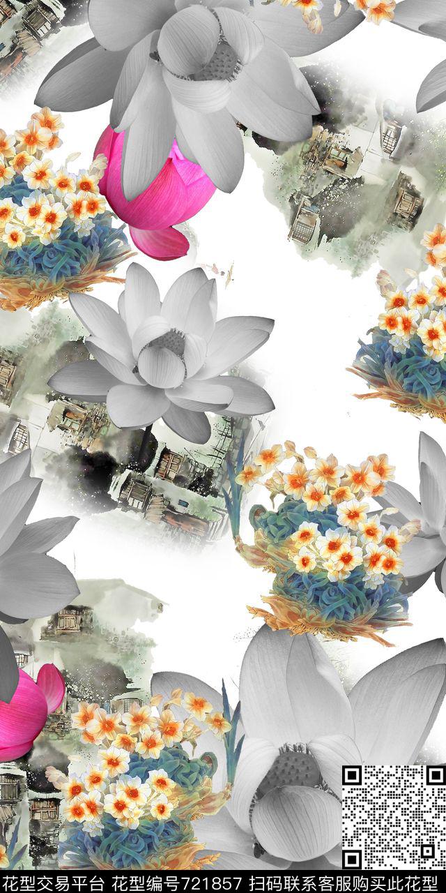 荷花黑白中国风数码印花华亿平台下载（图片编号: 721857） - 瓦栏（Walan）