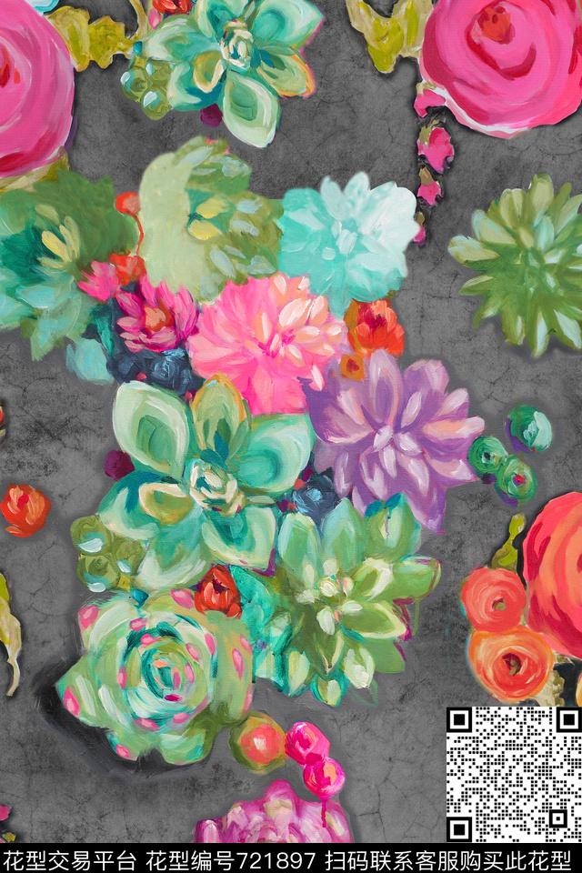花卉油画抽象数码印花华亿平台下载（图片编号: 721897） - 瓦栏（Walan）