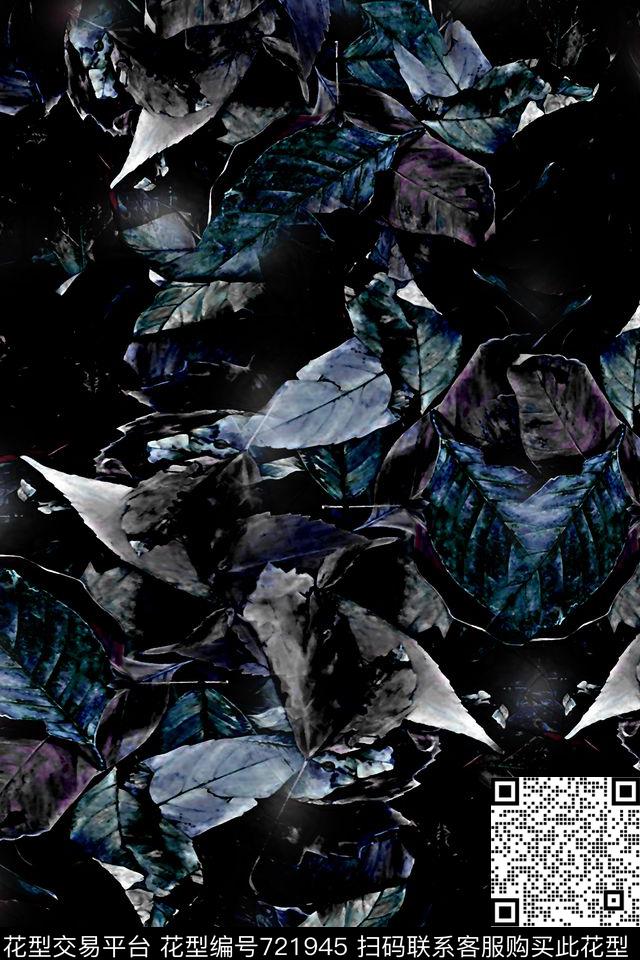 树叶花卉黑底数码印花华亿平台下载（图片编号: 721945） - 瓦栏（Walan）
