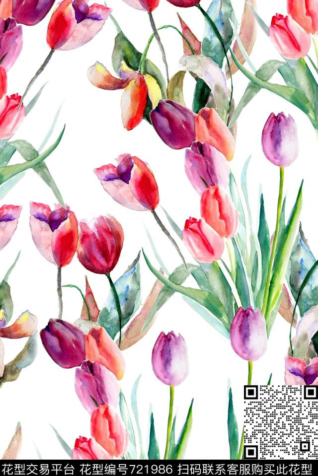 郁金香花卉水彩数码印花华亿平台下载（图片编号: 721986） - 瓦栏（Walan）