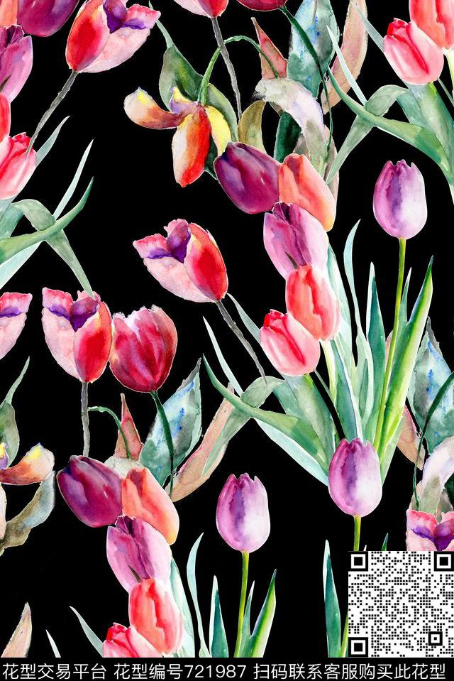 郁金香花卉水彩数码印花华亿平台下载（图片编号: 721987） - 瓦栏（Walan）