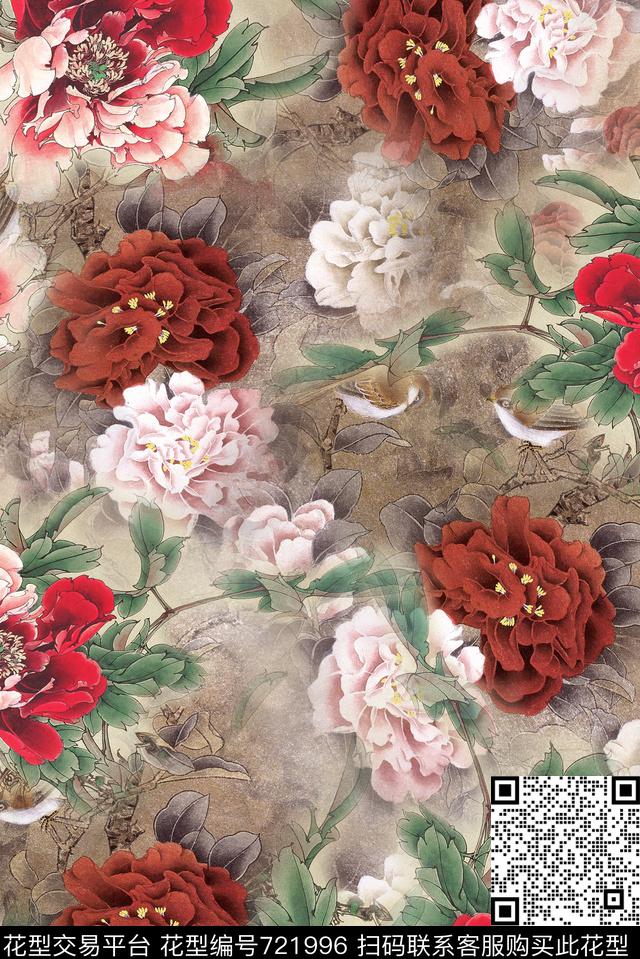 花朵旗袍面料花时尚流行女装数码印花华亿平台下载（图片编号: 721996） - 瓦栏（Walan）