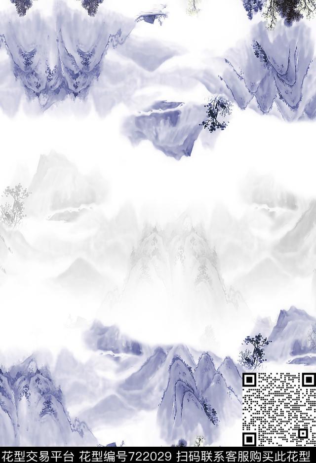 山水国画清新数码印花华亿平台下载（图片编号: 722029） - 瓦栏（Walan）