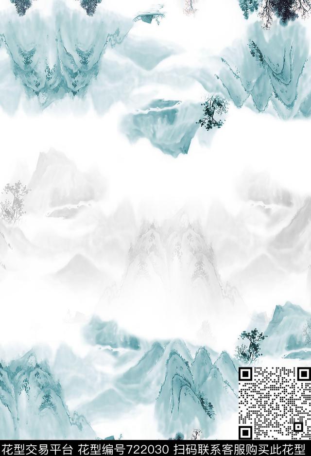 山水国画清新数码印花华亿平台下载（图片编号: 722030） - 瓦栏（Walan）