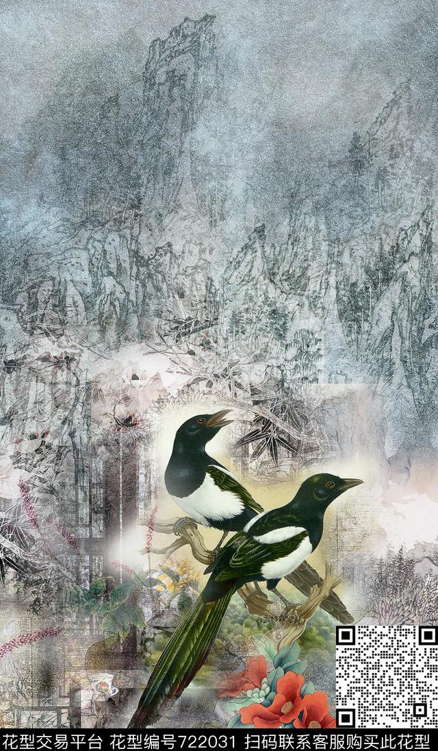 水墨中国风古典数码印花华亿平台下载（图片编号: 722031） - 瓦栏（Walan）