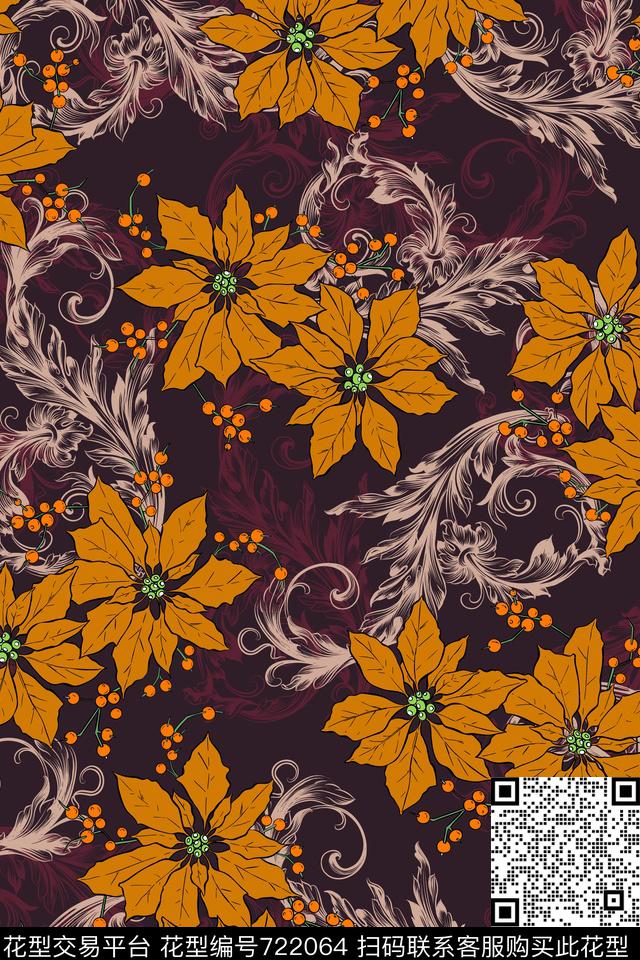 红色花卉欧式花纹秋冬女装数码印花华亿平台下载（图片编号: 722064） - 瓦栏（Walan）