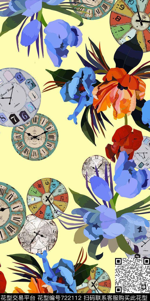 钟表花朵花卉传统印花华亿平台下载（图片编号: 722112） - 瓦栏（Walan）