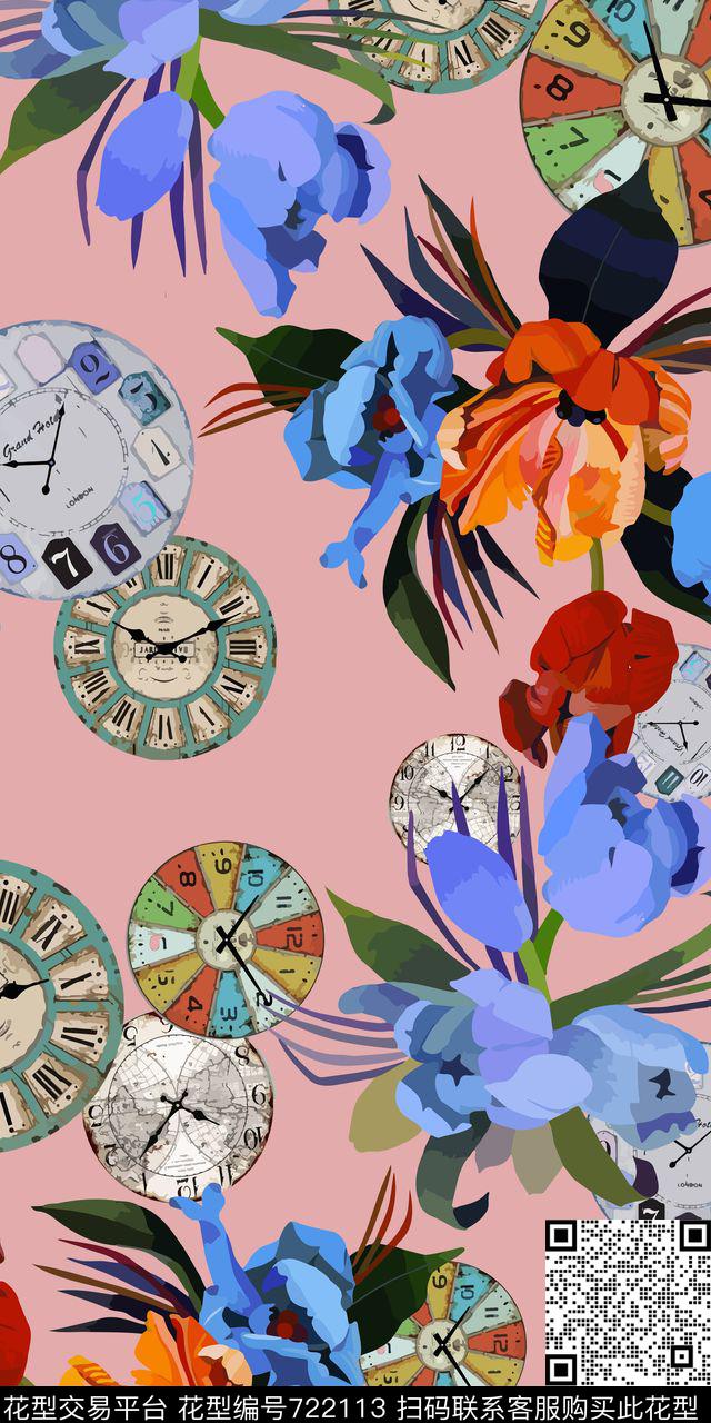 钟表花朵花卉传统印花华亿平台下载（图片编号: 722113） - 瓦栏（Walan）