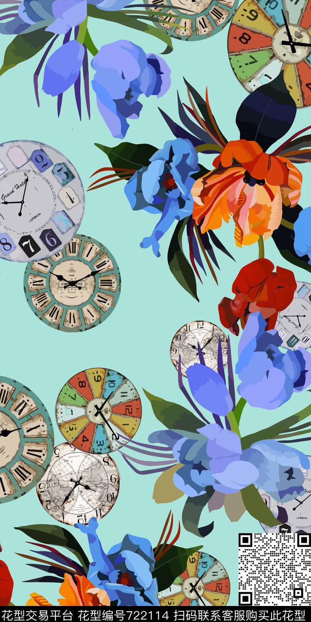 钟表花朵花卉传统印花华亿平台下载（图片编号: 722114） - 瓦栏（Walan）