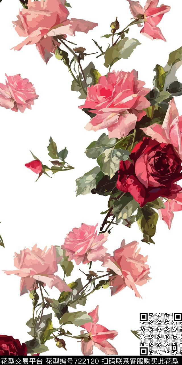 大花玫瑰花朵传统印花华亿平台下载（图片编号: 722120） - 瓦栏（Walan）