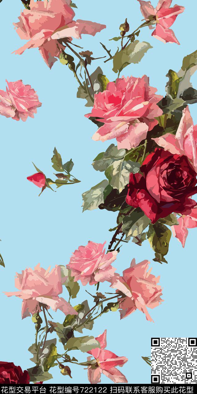 大花玫瑰花朵传统印花华亿平台下载（图片编号: 722122） - 瓦栏（Walan）