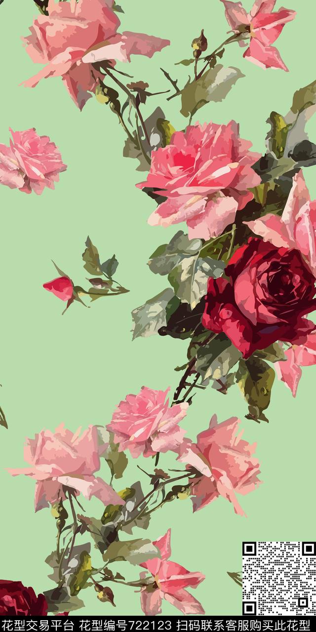 大花玫瑰花朵传统印花华亿平台下载（图片编号: 722123） - 瓦栏（Walan）
