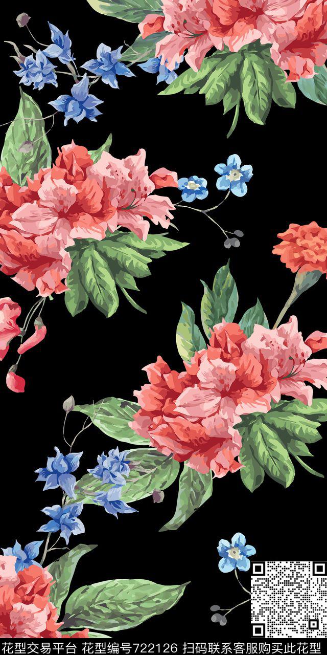 大花花朵花卉传统印花华亿平台下载（图片编号: 722126） - 瓦栏（Walan）