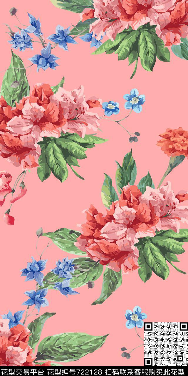 大花花朵花卉传统印花华亿平台下载（图片编号: 722128） - 瓦栏（Walan）