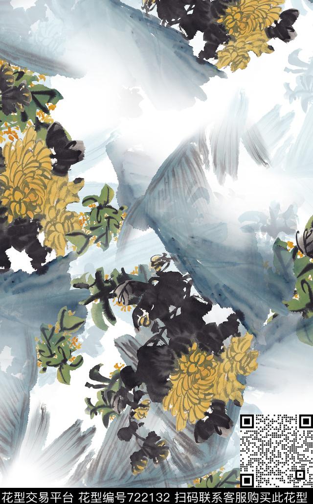 水墨国画中国风芭蕉叶数码印花华亿平台下载（图片编号: 722132） - 瓦栏（Walan）