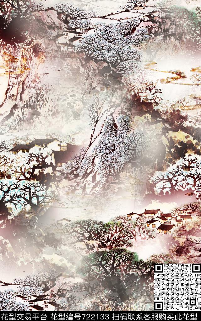 水墨国画中国风山水数码印花华亿平台下载（图片编号: 722133） - 瓦栏（Walan）