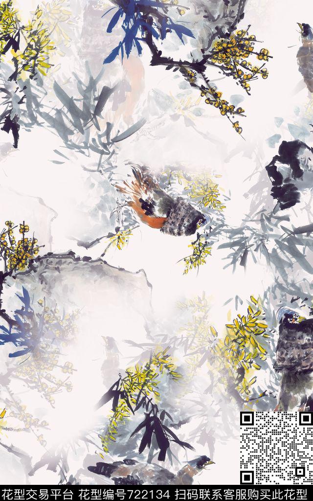 水墨国画中国风野鸡数码印花华亿平台下载（图片编号: 722134） - 瓦栏（Walan）
