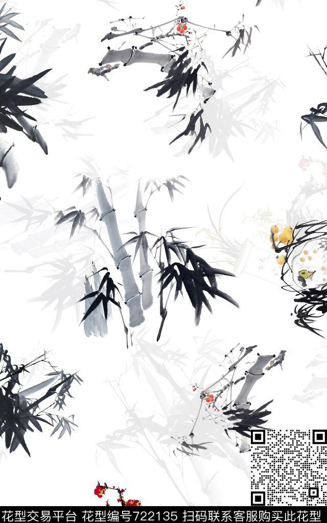 水墨国画中国风竹数码印花华亿平台下载（图片编号: 722135） - 瓦栏（Walan）