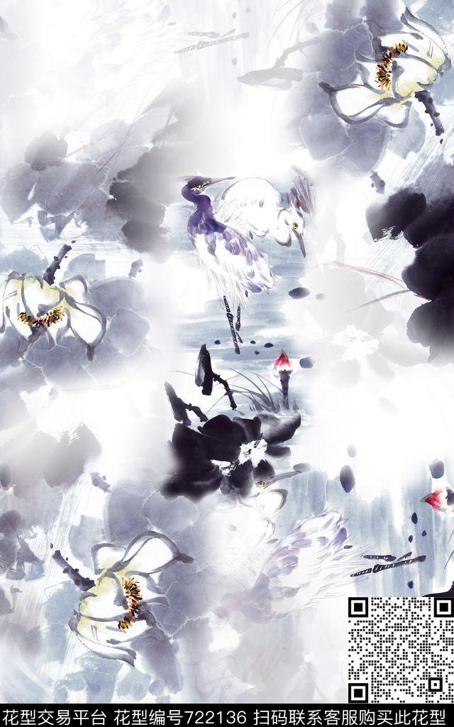 水墨国画中国风荷花数码印花华亿平台下载（图片编号: 722136） - 瓦栏（Walan）