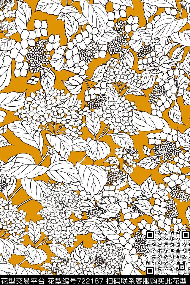 秋冬乱花线描传统印花华亿平台下载（图片编号: 722187） - 瓦栏（Walan）