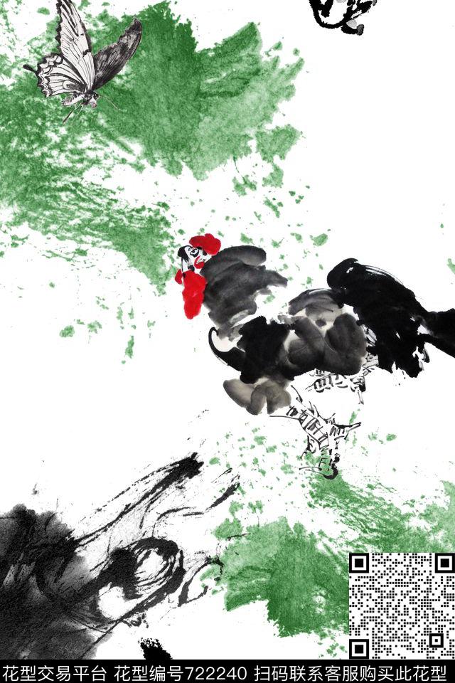 水墨中国风鸡数码印花华亿平台下载（图片编号: 722240） - 瓦栏（Walan）