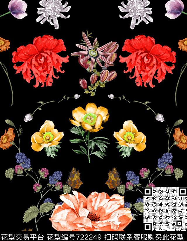 定位手绘花卉数码印花华亿平台下载（图片编号: 722249） - 瓦栏（Walan）