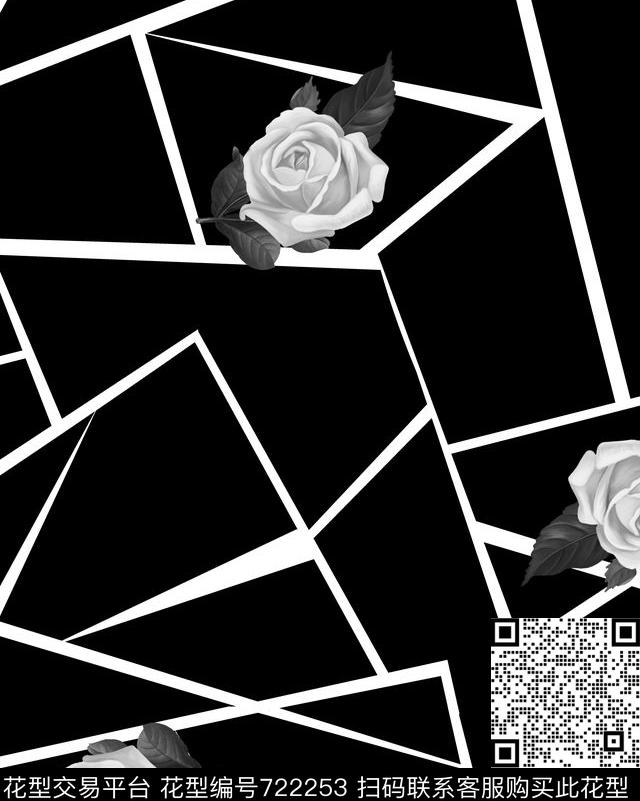 黑白花卉几何数码印花华亿平台下载（图片编号: 722253） - 瓦栏（Walan）