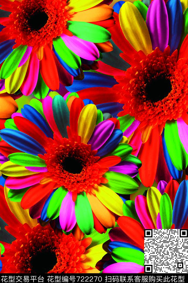 抽象手绘水彩3D菊花花朵数码印花时尚了女装裙子彩色七色花花卉印花欧美潮流艳丽系列印花数码印花华亿平台下载（图片编号: 722270） - 瓦栏（Walan）