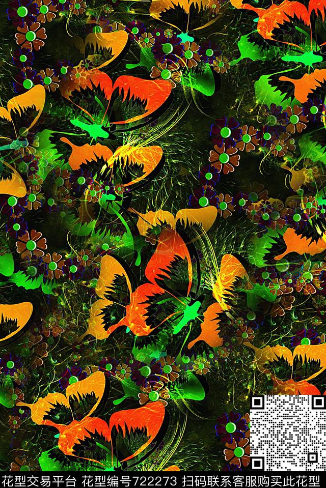 抽象手绘分形艺术花卉蝴蝶印花时尚潮流女装裙子肌理纹理印花复古欧美潮流女装夹克外套高档印花数码印花华亿平台下载（图片编号: 722273） - 瓦栏（Walan）