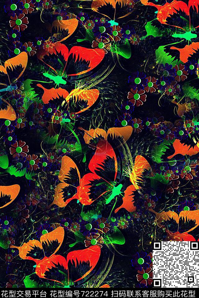 抽象手绘分形艺术花卉蝴蝶印花时尚潮流女装裙子肌理纹理印花复古欧美潮流女装夹克外套高档印花数码印花华亿平台下载（图片编号: 722274） - 瓦栏（Walan）