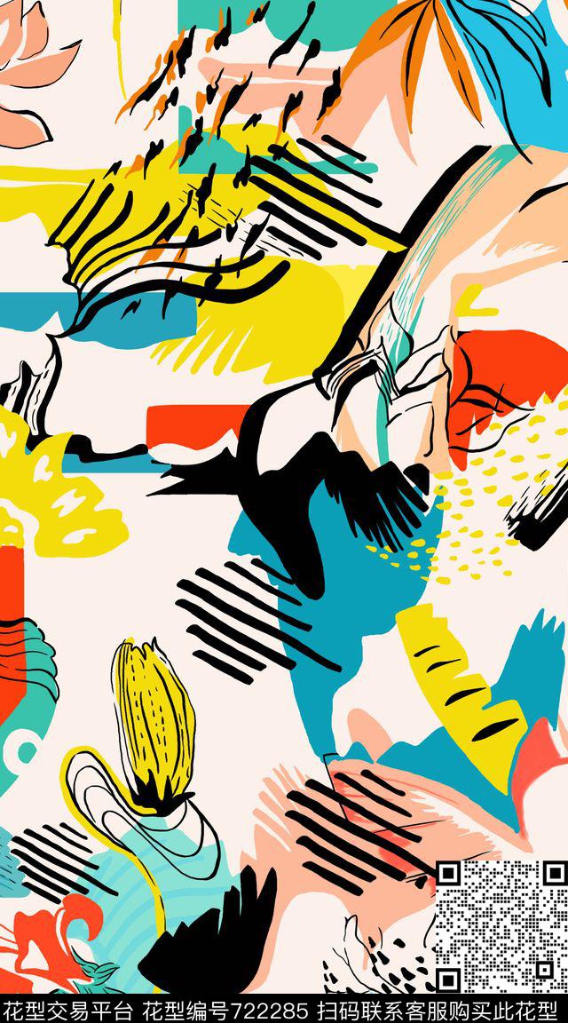 大牌手绘花卉2017年春夏女装手绘花卉手绘华亿平台抽象几何传统印花华亿平台下载（图片编号: 722285） - 瓦栏（Walan）