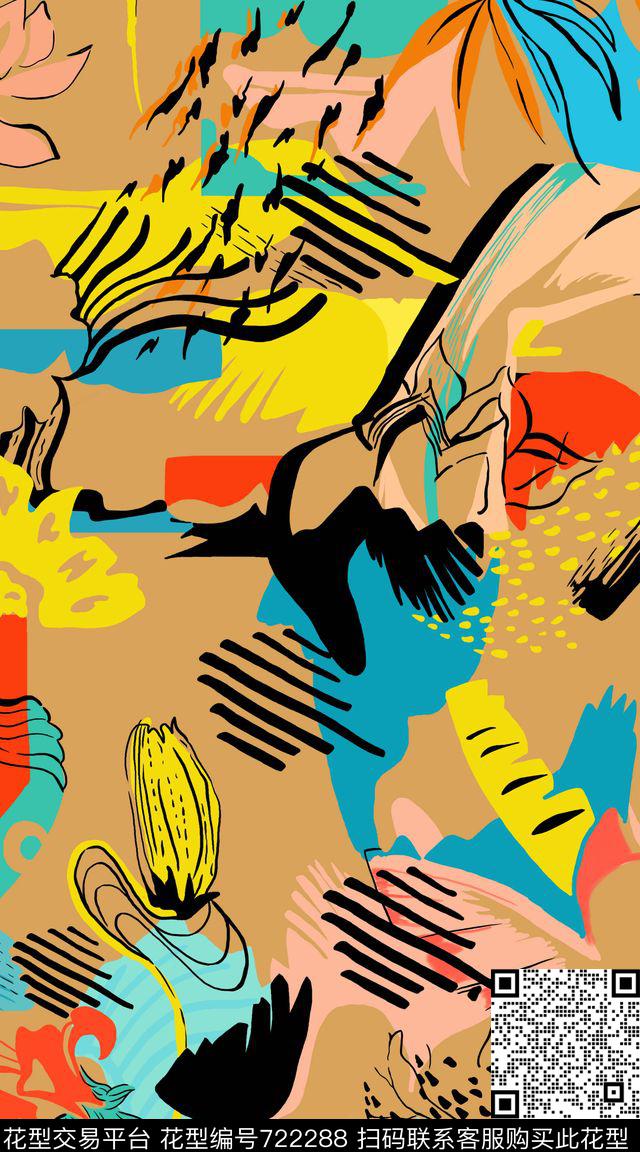 大牌手绘花卉2017年春夏女装手绘花卉手绘华亿平台抽象几何传统印花华亿平台下载（图片编号: 722288） - 瓦栏（Walan）
