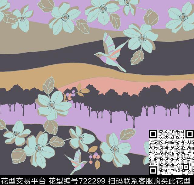 花卉中国风鸟传统印花华亿平台下载（图片编号: 722299） - 瓦栏（Walan）