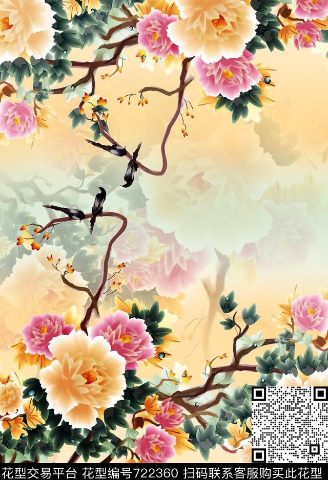 简约国画花鸟数码印花华亿平台下载（图片编号: 722360） - 瓦栏（Walan）