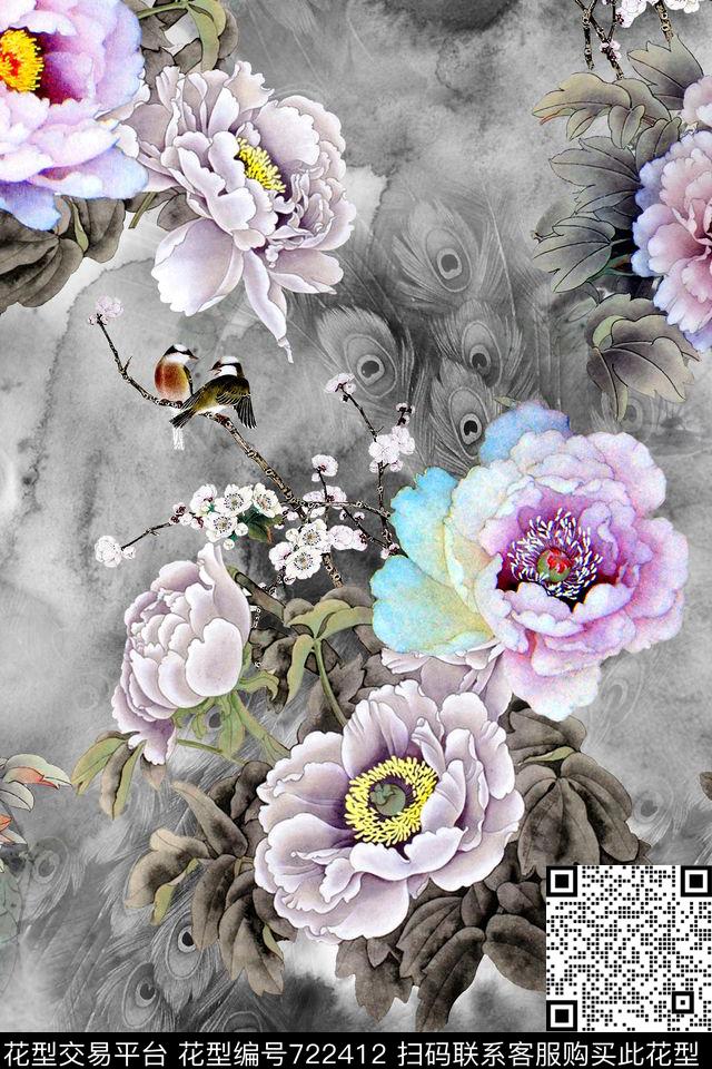 民族风中国风工笔牡丹数码印花华亿平台下载（图片编号: 722412） - 瓦栏（Walan）