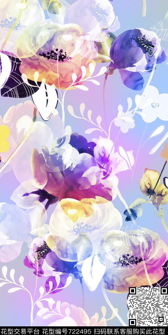 大花花朵花卉数码印花华亿平台下载（图片编号: 722495） - 瓦栏（Walan）