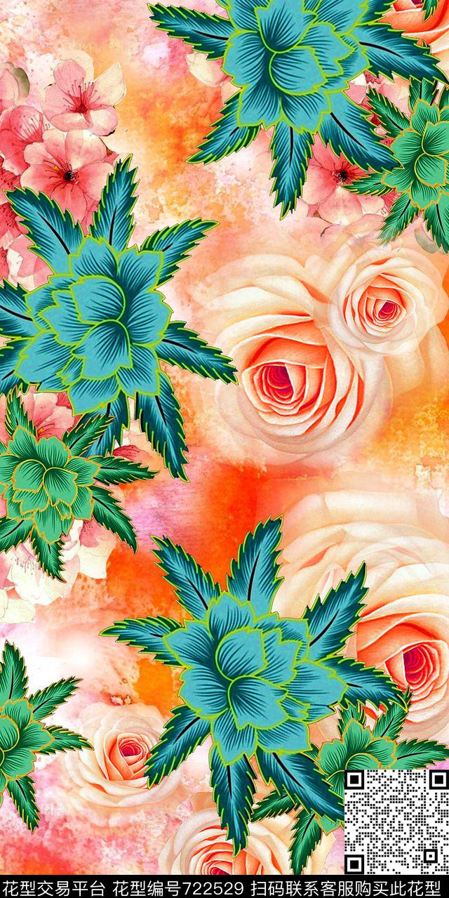 玫瑰花朵花卉数码印花华亿平台下载（图片编号: 722529） - 瓦栏（Walan）