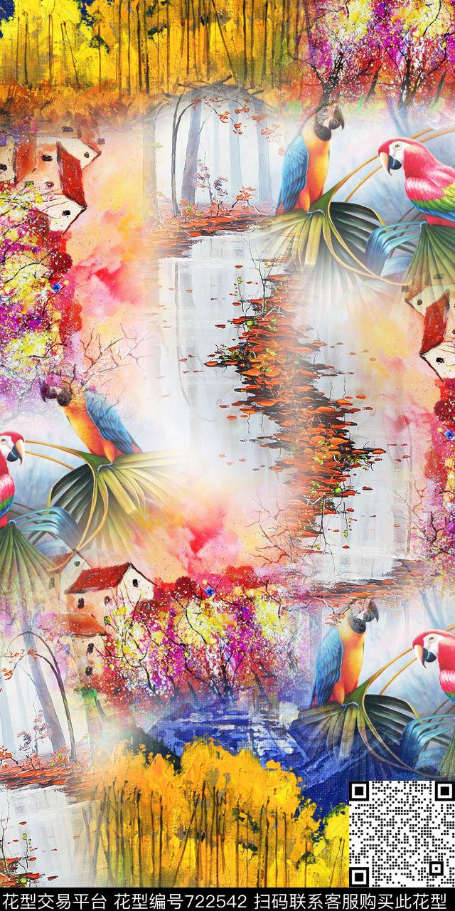 油画花鸟房屋数码印花华亿平台下载（图片编号: 722542） - 瓦栏（Walan）