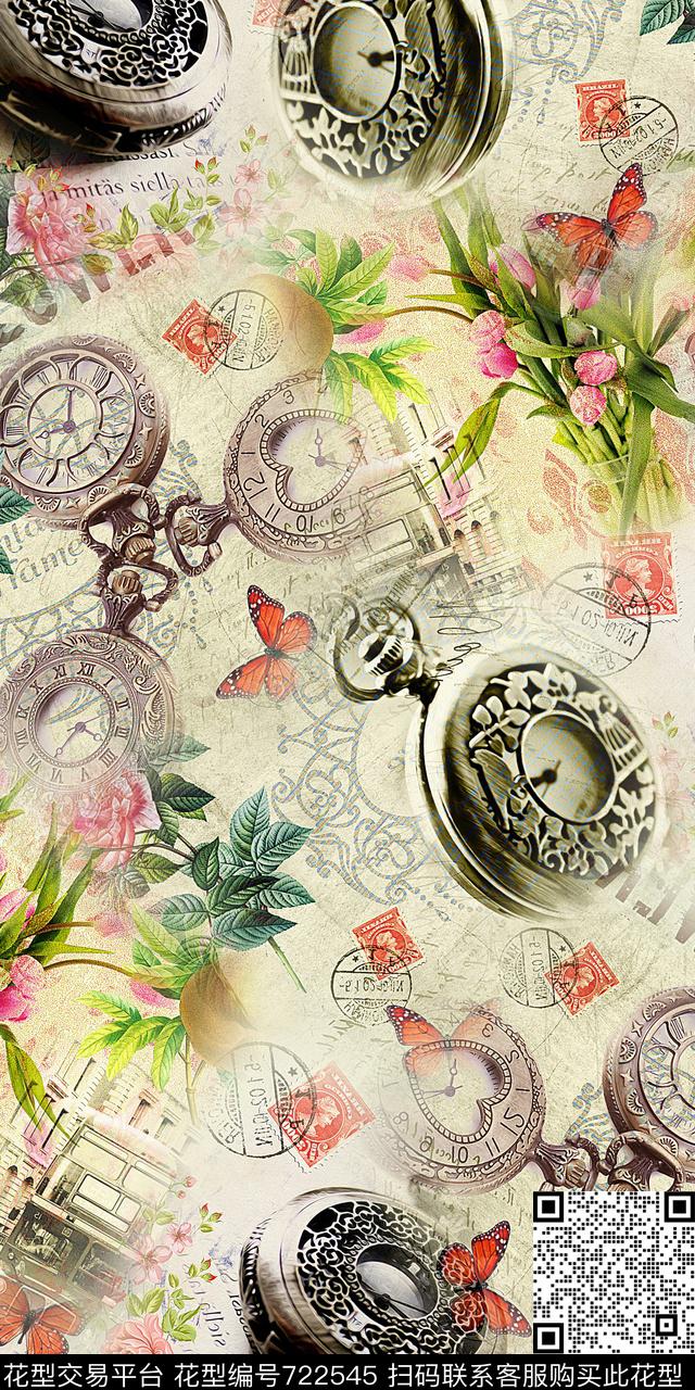 复古钟表花草数码印花华亿平台下载（图片编号: 722545） - 瓦栏（Walan）